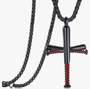 Rehoboth Black & Red Baseball Bat Cross Pendant on 24" Stainless Steel Chain 
